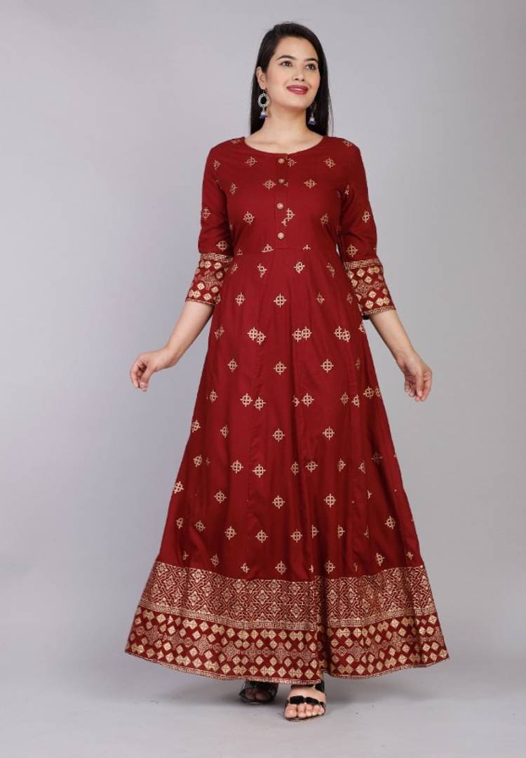 Stylish Rayon Maroon Gold Printed 3/4 Sleeves Round Neck Long Long Dress